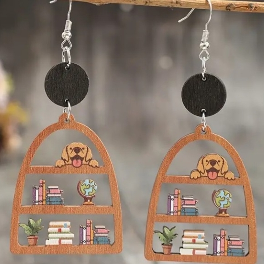 Wooden Dog Bookshelf Earrings